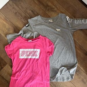 VICTORIA SECRET PINK SHIRT BUNDLE, BOTH XS, GREY LONG SLEEVE, PINK TEE, CUTE